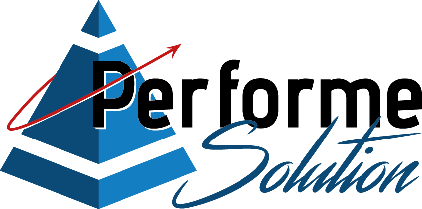 Image du logo de performe solution en fond transparent de couleur noir, bleu et une flèche rouge